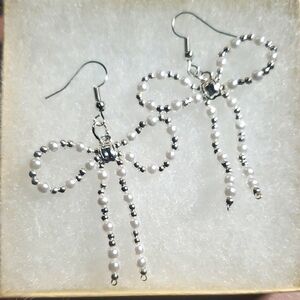 Elegant Silver and White Bow Earrings